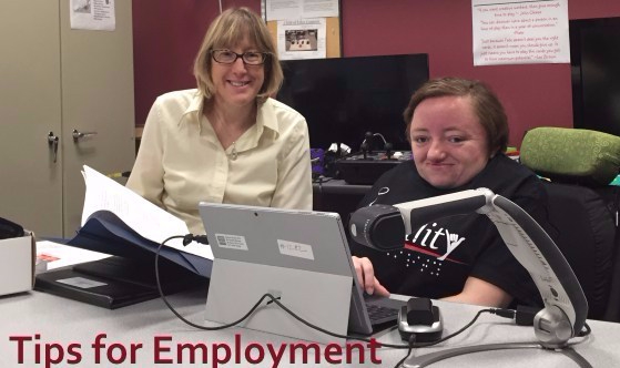 Tips for Employment: shows two women behind a desk using assistive technology, one in a wheelchair