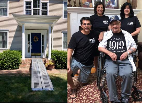Two images, on the left is the entrance to a house with portable ramps, two sets from grass to threshold. On the right is a group of 4 people including an elderly man in a wheelchair. They are posing in a living room wearing commemorative t-shirts for his 100th birthday.